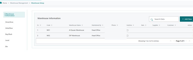 Fophex ERP warehouse setup screen with zone, aisle, bay, rack, level and bin structure